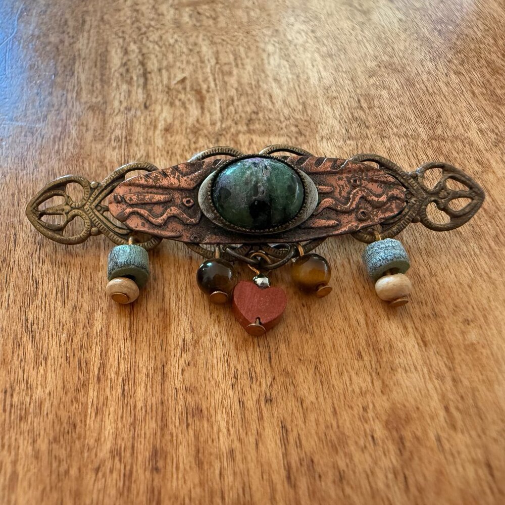 Mixed Metals Pin Brooch with Green Stone & Dangly Wood Beads Red Heart